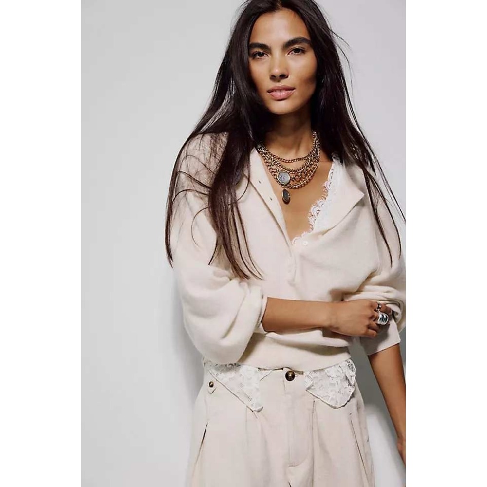 Free People Cashmere Henley Sweater In Pearl Size Large New With Tags